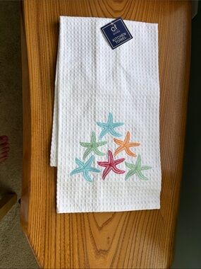CF Home White Waffle Kitchen Towel with Colorful Starfish Embroidery
